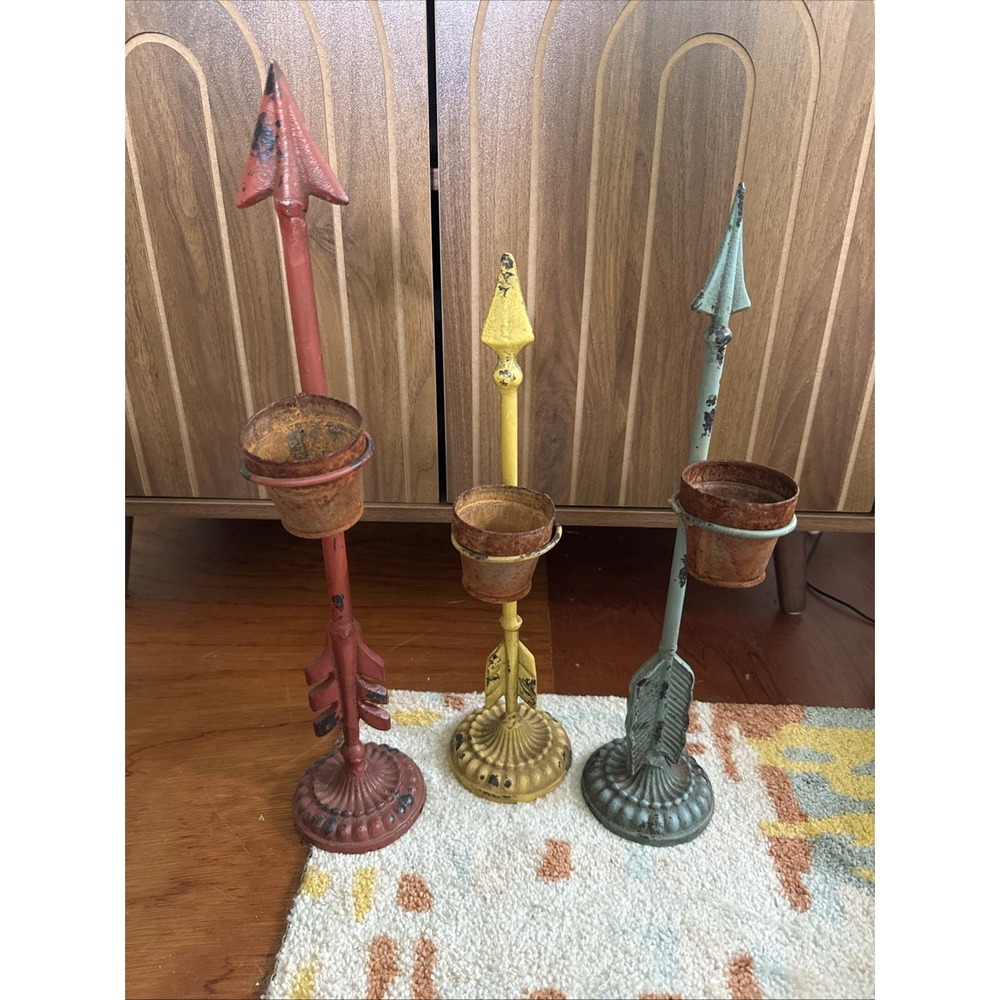Vintage Cast Iron Arrow Candle Stands Tea Light Holder Set Of 3 Rustic Farmhouse